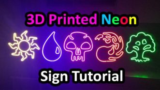 An image with a 3D printed light collection of 5 custom made 3D print neon sign pieces. The text '3D Printed Neon Sign Tutorial' is over the image in pink, blue, green, red, yellow and white text.