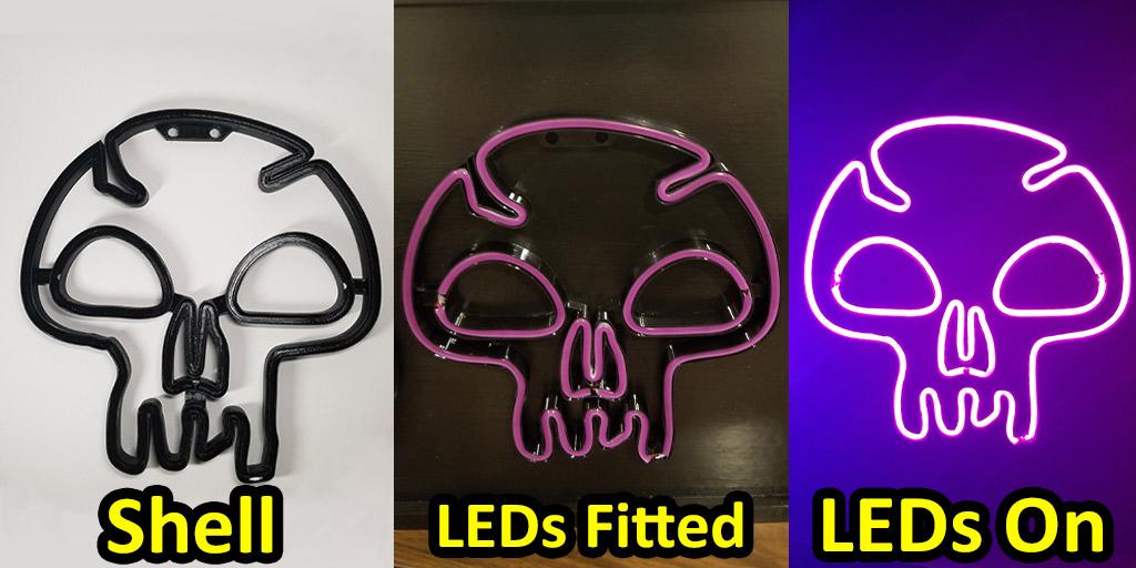 This images shows the 3D printed neon sign shell bare, the 3D print neon shell with LEDs in it and the 3D printed light shell with the LEDs in it with them turned on.