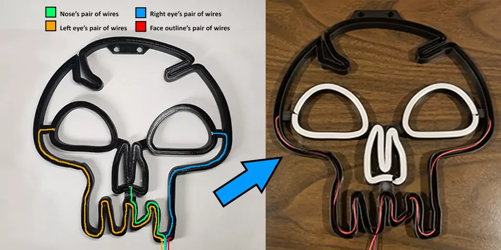 This image shows the wiring diagram for the LED strips to pass along the 3D printed neon sign shell. The second half of the photo shows 3 different LED strips with their wires passing through the 3D printed light shell.