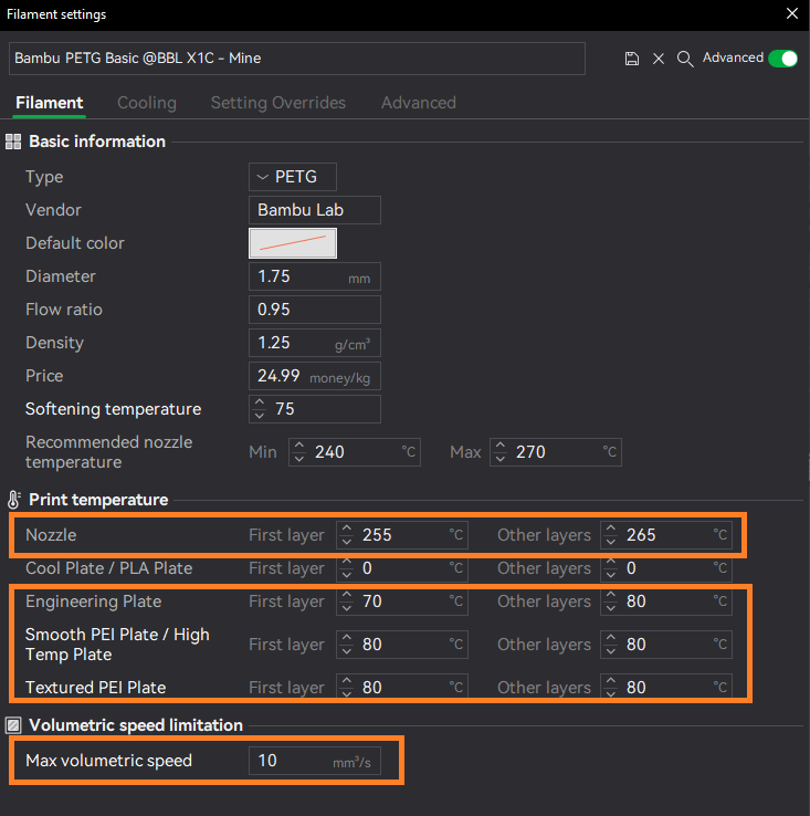 My custom Bambu Lab X1 Carbon PETG settings for the filament profile are shown here as a screenshot from Bambu Studio.