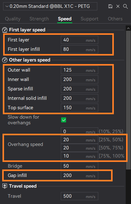 My custom Bambu Lab X1 Carbon PETG settings for the print profile are shown here as a screenshot from Bambu Studio.