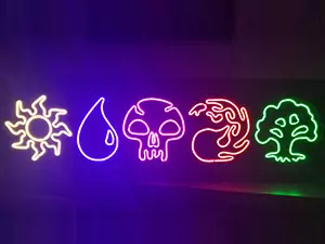 A great MTG 3D print project are these Mana Symbol Neon Signs. Shown in the photo are 5 MTG neon signs, one for each mana symbol. From left the right, plains, island, swamp, mountain and forest.
