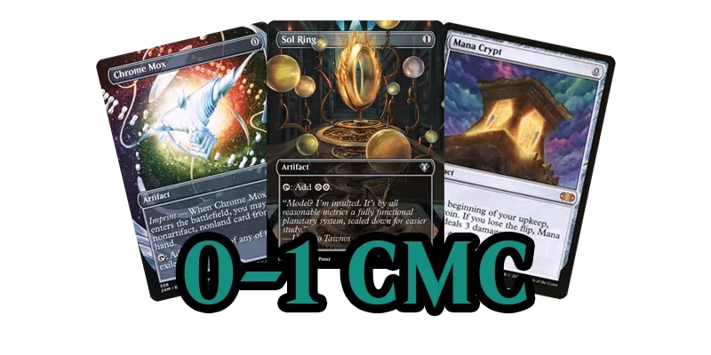 Image showing the best mana rocks MTG has printed at 0 or 1 CMC. These are some of the best mana rocks EDH players use. The cards shown are Chrome Mox, Sol Ring & Mana Crypt