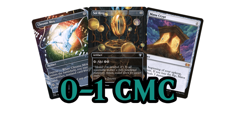 Image showing the best mana rocks MTG has printed at 0 or 1 CMC. These are some of the best mana rocks EDH players use. The cards shown are Chrome Mox, Sol Ring & Mana Crypt