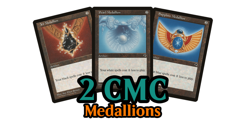 Image showing the best mana rocks MTG has printed at 2 CMC for the medallion mana rocks. These are some of the best mana rocks EDH players use. The cards shown are Jet Medallion, Pearl Medallion & Sapphire Medallion. 