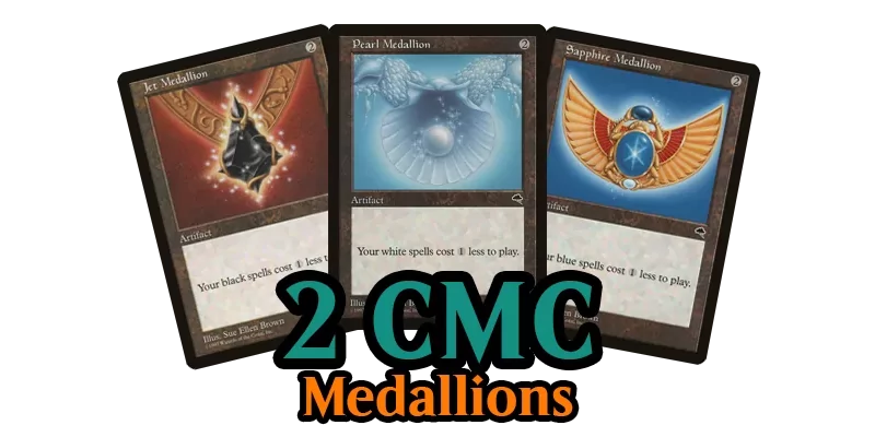 Image showing the best mana rocks MTG has printed at 2 CMC for the medallion mana rocks. These are some of the best mana rocks EDH players use. The cards shown are Jet Medallion, Pearl Medallion & Sapphire Medallion. 