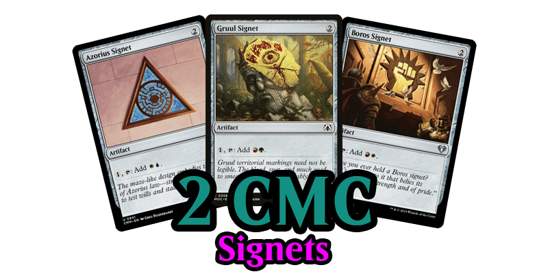 Image showing the best mana rocks MTG has printed at 2 CMC for the signet mana rocks. These are some of the best mana rocks EDH players use. The cards shown are Azorius Signet, Gruul Signet & Boros Signet. 