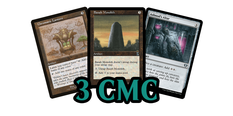 Image showing the best mana rocks MTG has printed at 3 CMC. These are some of the best mana rocks EDH players use. The cards shown are Chromatic Lantern, Basalt Monolith & Ashnod's Altar.