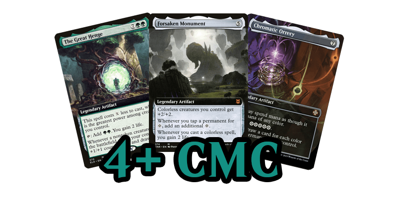 Image showing the best mana rocks MTG has printed at 4+ CMC. These are some of the best mana rocks EDH players use. The cards shown are The Great Henge, Forsaken Monument & Chromatic Orrery.
