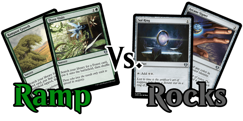 Image showing 4 cards to represent the argument of the best mana rocks MTG has printed vs. the best green ramp spells. The cards shown are Rampant Growth, Three Visits, Sol Ring & Arcane Signet with the text 'Ramp Vs. Rocks' over them. 