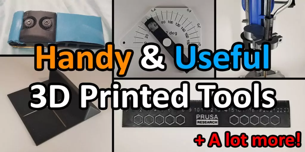 An image with a collage of 3D print tools starting with a 3D printed sanding block, a 3D printed angle finder, a 3D printed soldering mount, a 3D printed too for drill dust collection, and a 3D printed metric ruler. Over the collage is the words 'Handy & Useful 3D Printed Tools' and at the bottom the text '+ A lot more!' is displayed.