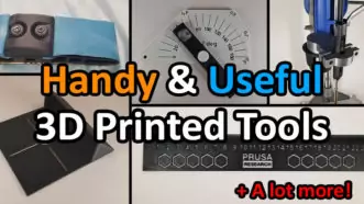 An image with a collage of 3D print tools starting with a 3D printed sanding block, a 3D printed angle finder, a 3D printed soldering mount, a 3D printed too for drill dust collection, and a 3D printed metric ruler. Over the collage is the words 'Handy & Useful 3D Printed Tools' and at the bottom the text '+ A lot more!' is displayed.