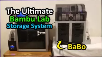 Shown in the photo is a Bambu Lab X1 Carbon with one of the best Bambu Lab storage box solutions, the BaBo system, sitting beneath the AMS. The text 'The Ultimate Bambu Lab Storage System' and 'BaBo' with a yellow arrow are over the image.