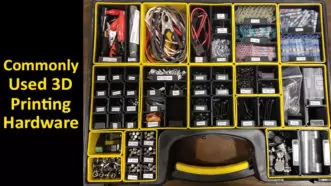 An image with the text 'Commonly Used 3D Printing Hardware' on the left and a photo of a bunch of hardware in a parts organizer bin on the right. The hardware includes, nuts, bolts, switches, magnets, etc.
