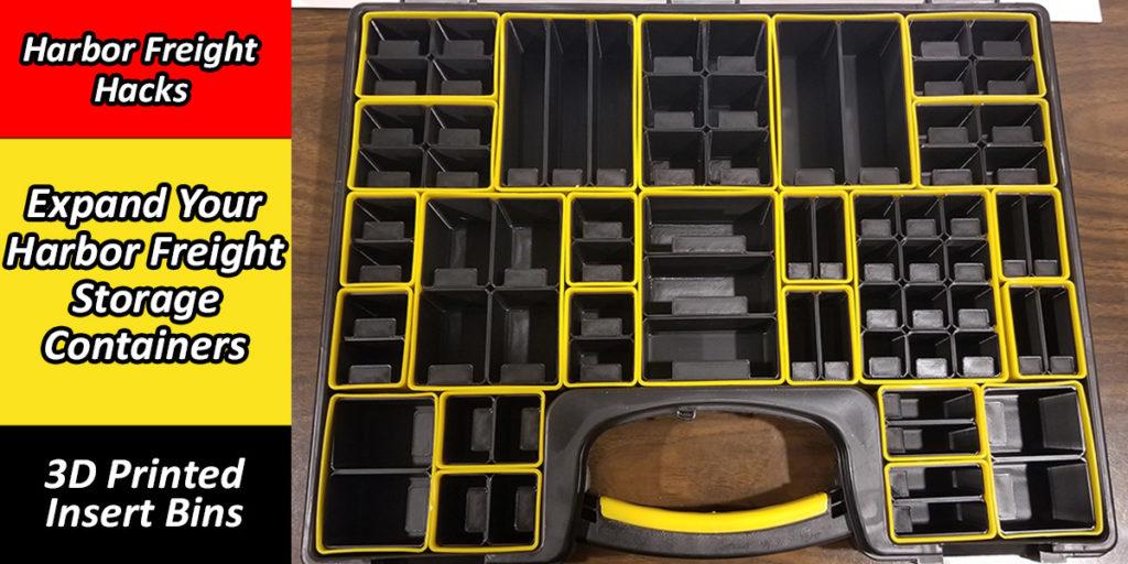 An image showing a Harbor Freight 20 parts bin storage case with a bunch of 3D printed bin inserts in each individual bin. There is also text that reads 'Harbor Freight Hacks', 'Expand Your Harbor Freight Storage Containers' and '3D Printed Insert Bins'.