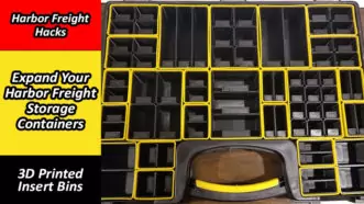 An image showing a Harbor Freight 20 parts bin storage case with a bunch of 3D printed bin inserts in each individual bin. There is also text that reads 'Harbor Freight Hacks', 'Expand Your Harbor Freight Storage Containers' and '3D Printed Insert Bins'.