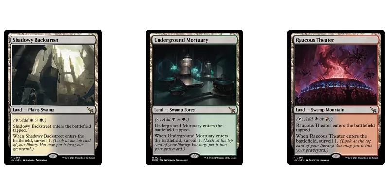 The surveil lands cycle of fetchable dual lands MTG has printed. Shown are the cards Shadowy Backstreet, Underground Mortuary and Raucous Theater