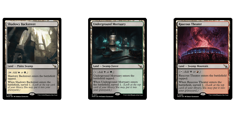 The surveil lands cycle of fetchable dual lands MTG has printed. Shown are the cards Shadowy Backstreet, Underground Mortuary and Raucous Theater