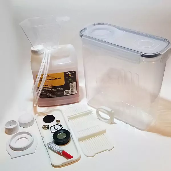 Image showing all the parts, both purchased and printed, required for this DIY filament dry box.