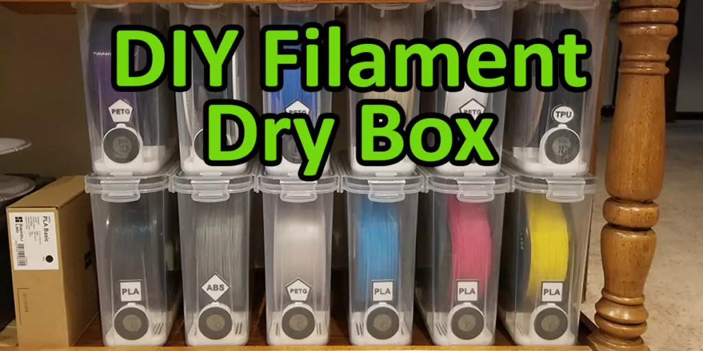 Image showing a collection of 12 filament storage dry box units stacked on top of each other with the text 'DIY Filament Dry Box' on top in green text.