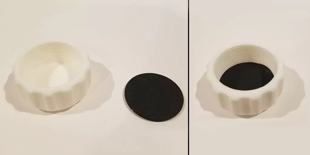 Image shows step 1 of the build process for the DIY filament dry box lid component by stuffing the TPU gasket into the cap part.
