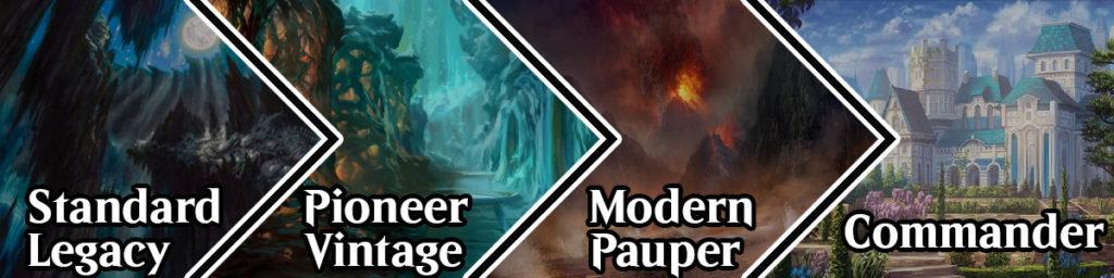 Banner image for Dual Lands by format with 4 card images shown in the background with the text "Standard Pioneer Modern Legacy Vintage Pauper Commander" in the foreground. 