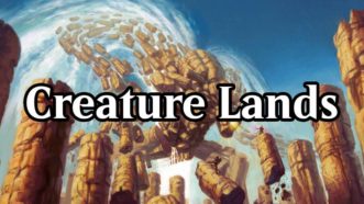 Image showing the artwork for the MTG card Celestial Colonnade with the text 'Creature Lands' over it.